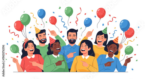 A vibrant illustration of diverse people celebrating April Fools' Day with colorful balloons and confetti, spreading harmless hoaxes as a joke in a joyful event, set against a white