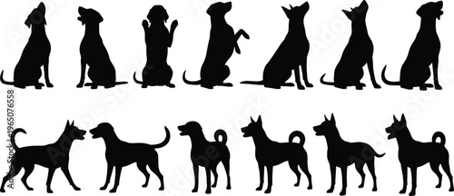 Collection of black dog silhouettes in various poses including sitting standing begging and looking up isolated on white background for pet and veterinary design.
