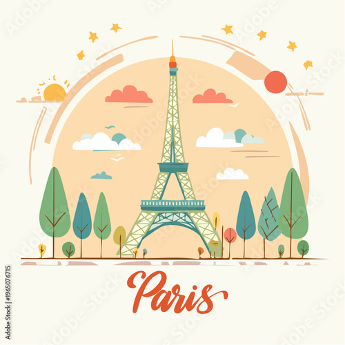 Hermosa ilustración artística de la Torre Eiffel en París rodeada de naturaleza y elementos celestiales en un estilo gráfico moderno y limpio.