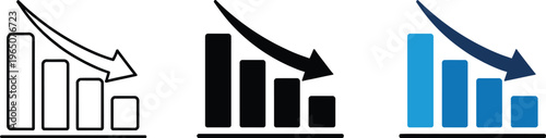 Declining business bar chart icons, financial loss graph with downward arrow, 3 vector elements for economic recession