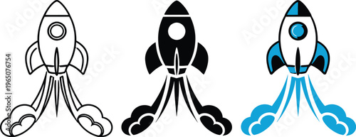 Rocket launch vector icons set. Space shuttle startup symbols in outline, black silhouette, and blue color styles.