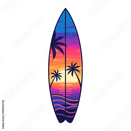 Surfboard with Tropical Sunset and Palm Trees Illustration