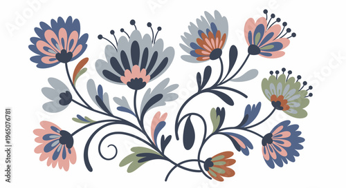 Colorful flowers with black stems.