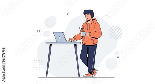 Young Man Standing with Laptop and Coffee Cup, Casual Workspace Illustration