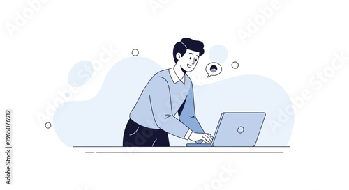 Man working on laptop, communication, online chat, modern flat illustration