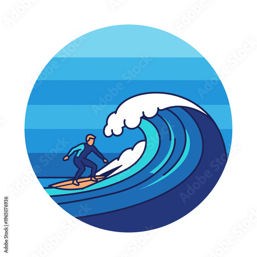 Surfer riding a big blue wave with white foam, flat design illustration, circular graphic