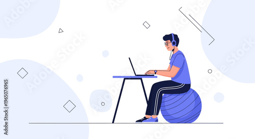 Young man working on laptop while sitting on exercise ball, wearing headphones