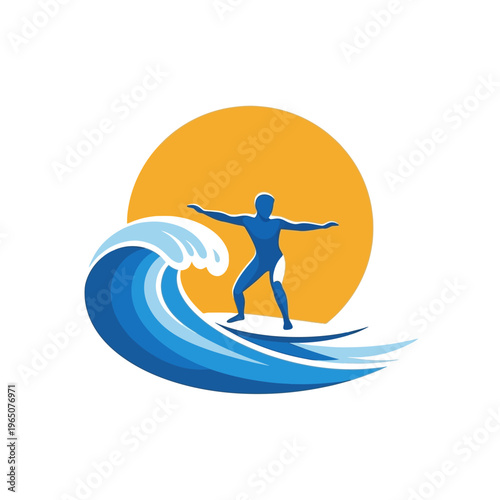 Surfer riding a big wave under a large orange sun, vector logo