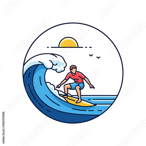 Surfer riding a big wave under the sun, illustration, summer sport, ocean lifestyle