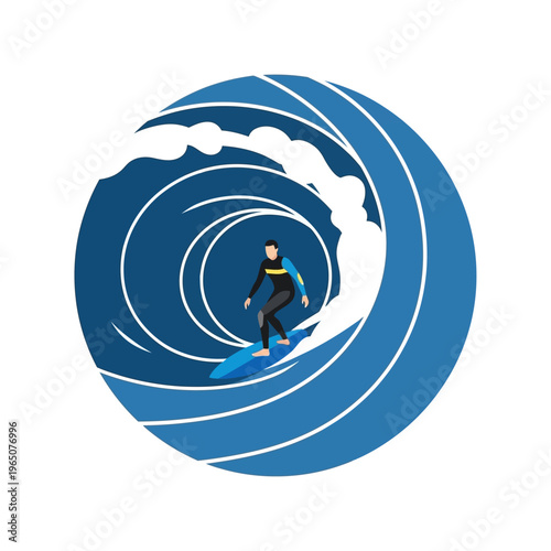 Surfer riding a blue wave in a circular frame, flat design illustration