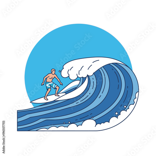 Surfer Riding a Large Ocean Wave with Blue Circle Background