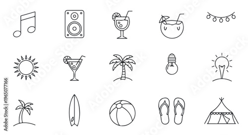 Summer vacation icons, beach symbols, travel illustrations, tropical line art