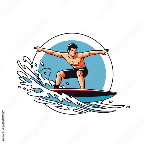 Surfer riding a wave, dynamic action, summer sport, beach lifestyle, vector illustration