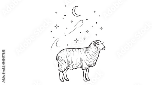 Sheep Standing Under Starry Night Sky With Crescent Moon For Dreamy Concepts