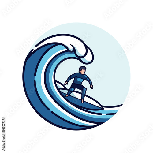 Surfer Riding Big Blue Ocean Wave in Circular Design