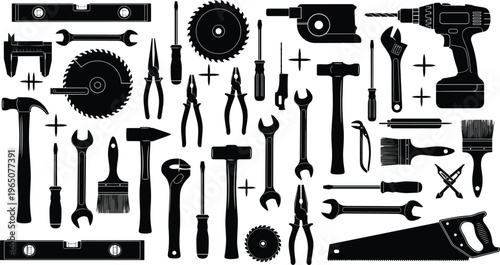 Large set of black work tool silhouettes including hammer screwdriver drill saw pliers and wrench isolated on white background for construction and renovation design.