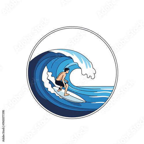 Surfer Riding Big Blue Wave in Circle Frame, Summer Beach Activity