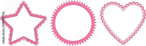 Scalloped frames vector set, pink decorative star circle and heart shapes with lace border