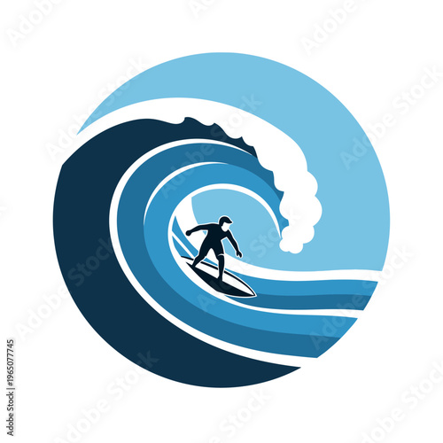 Surfer riding big wave, ocean surf, dynamic action, circular graphic design, blue hues