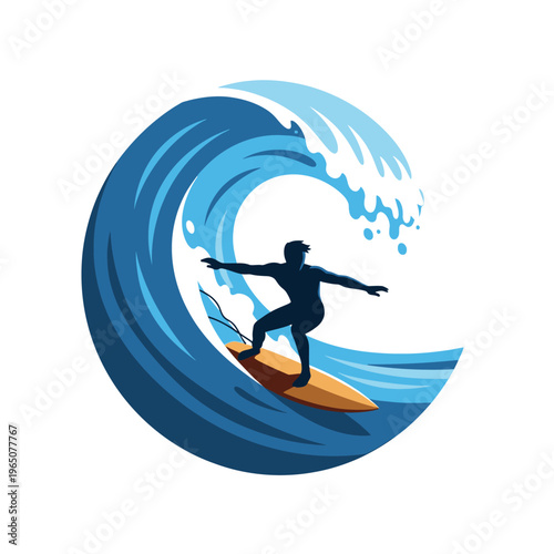 Surfer Riding Curl of a Big Blue Ocean Wave