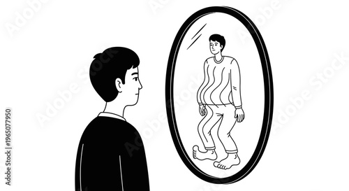 boy looks at distorted reflection in mirror