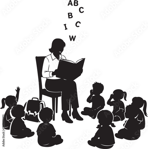 Silhouette of teacher reading to children in a classroom setting, Generative Ai