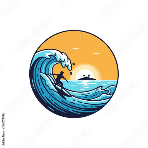 Surfer Riding Majestic Wave at Sunset with Tropical Island Silhouette