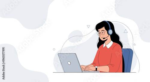 Customer service operator with headset working on laptop, online support, call center agent