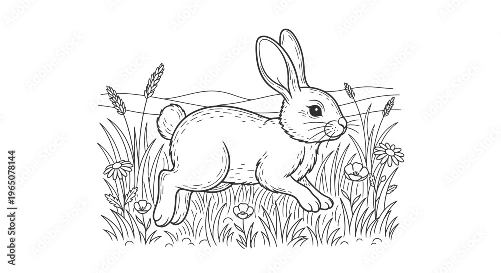 Fototapeta premium A rabbit runs quickly through tall grass and flowers in a sunny meadow landscape.