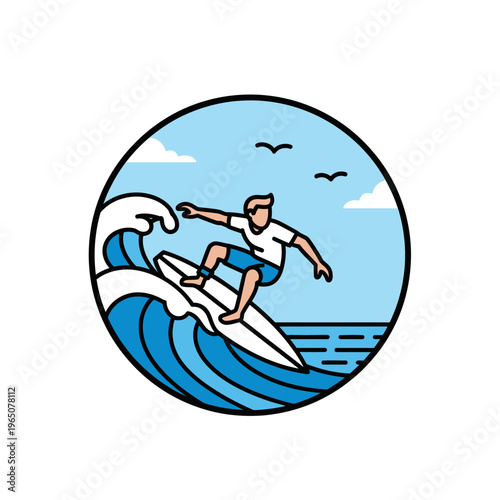 Surfer Riding Wave in Circle Icon