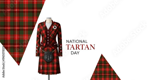 Vector illustration of a red and black tartan dress on a mannequin with triangular tartan patterns and National Tartan Day text on a white background, celebrating Scottish heritage and