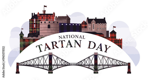 Vector illustration of a National Tartan Day celebration with a castle and bridge on a white background, featuring a tartan pattern design in a Scottish heritage theme.