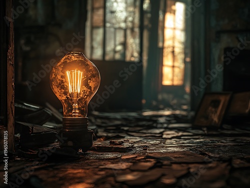 Illuminated vintage bulb in a dilapidated room evoking forgotten memories