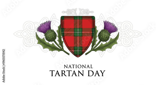 Vector illustration of a National Tartan Day crest with a red tartan shield, thistles, and Celtic knotwork on a white background, celebrating Scottish heritage and culture.
