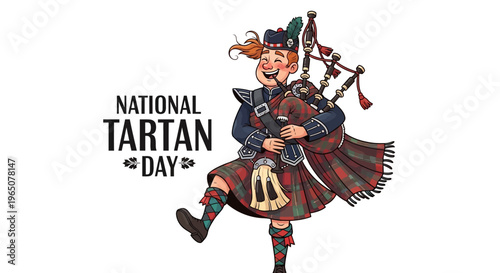 Illustration of a dancing bagpiper in traditional Scottish Highland dress celebrating National Tartan Day with a tartan pattern and bagpipes on a white background with a joyful mood.