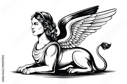 Black and white of a winged sphinx with a female face and lion body mythology wings