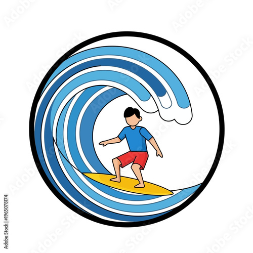 Surfer Riding Wave in Circular Frame - Summer Beach Sport