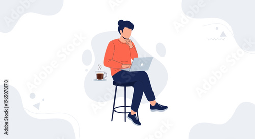 Man working on laptop with coffee, minimalist flat illustration, remote work concept