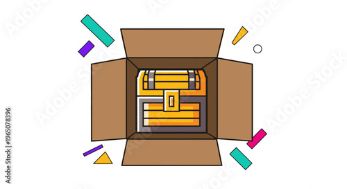 Treasure chest inside an open cardboard box, with colorful confetti and geometric shapes floating around, vector illustration