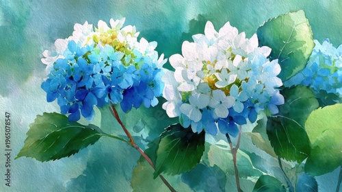 Beautiful Hydrangea Flowers in Soft Blue and White Watercolor Style