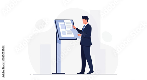 Businessman analyzing document at digital kiosk, modern office background