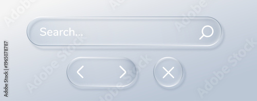 Glass liquid and search button bar with ui box rectangle. Blur arrow mobile and glass circle design with label. Card glass find and oval search shine with futuristic button cross.