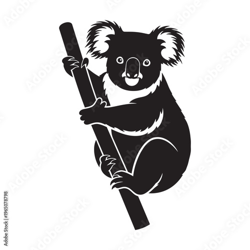 Smiling koala bear climbing a tree trunk on transparent background