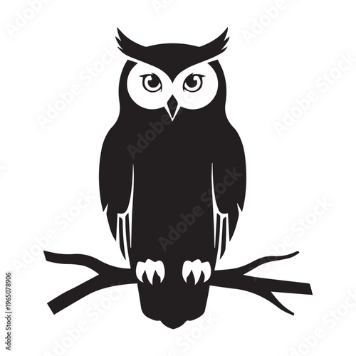 Owl silhouette sitting on a tree branch looking forward