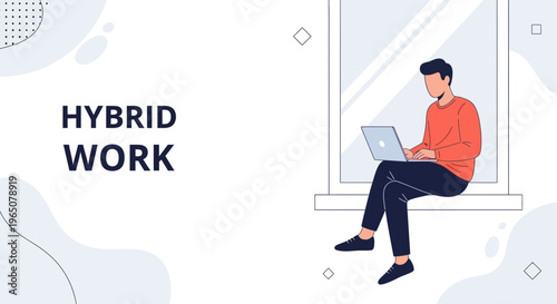 Hybrid Work Concept: Man Working Remotely on Laptop by Window