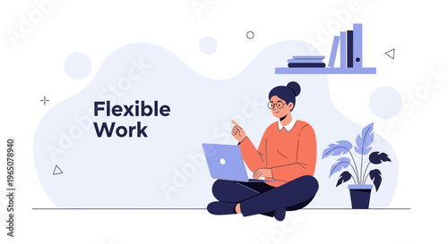 Woman working on laptop, flexible work concept, home office, remote work, modern illustration