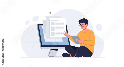 Man working on laptop and tablet, online learning, digital education, remote work concept