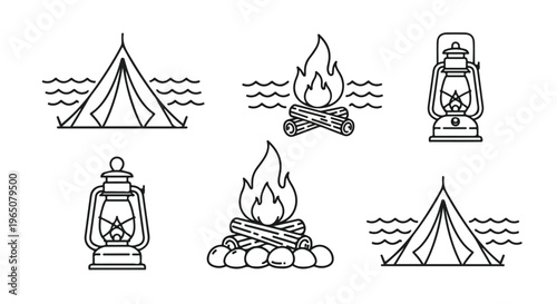 Camping icons, outdoor adventure symbols, vector campfire, tent, lantern graphics