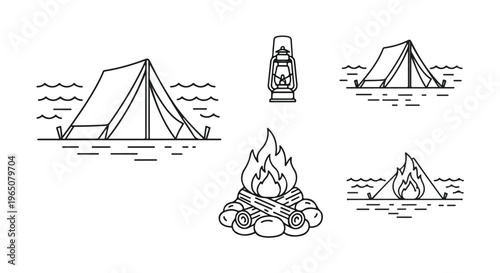 Camping icons, outdoor adventure symbols, tent and campfire illustrations, vector travel graphics