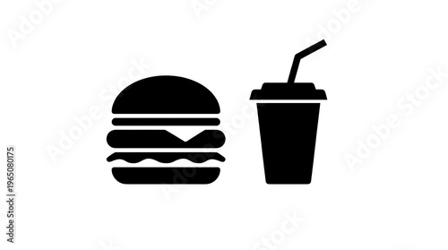 A black silhouette of a hamburger and a drink on a white background